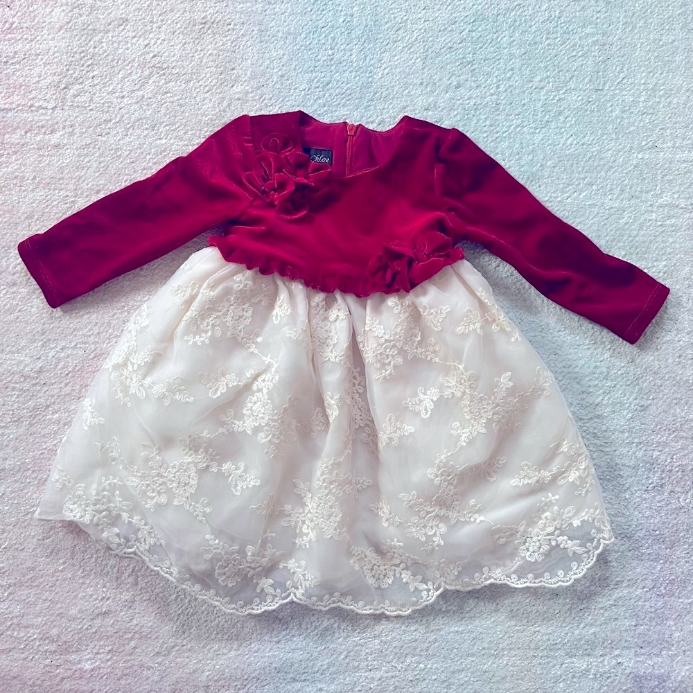 Isobella & Chloe Red Velvet and Lace Christmas Dress - Size 12 Months